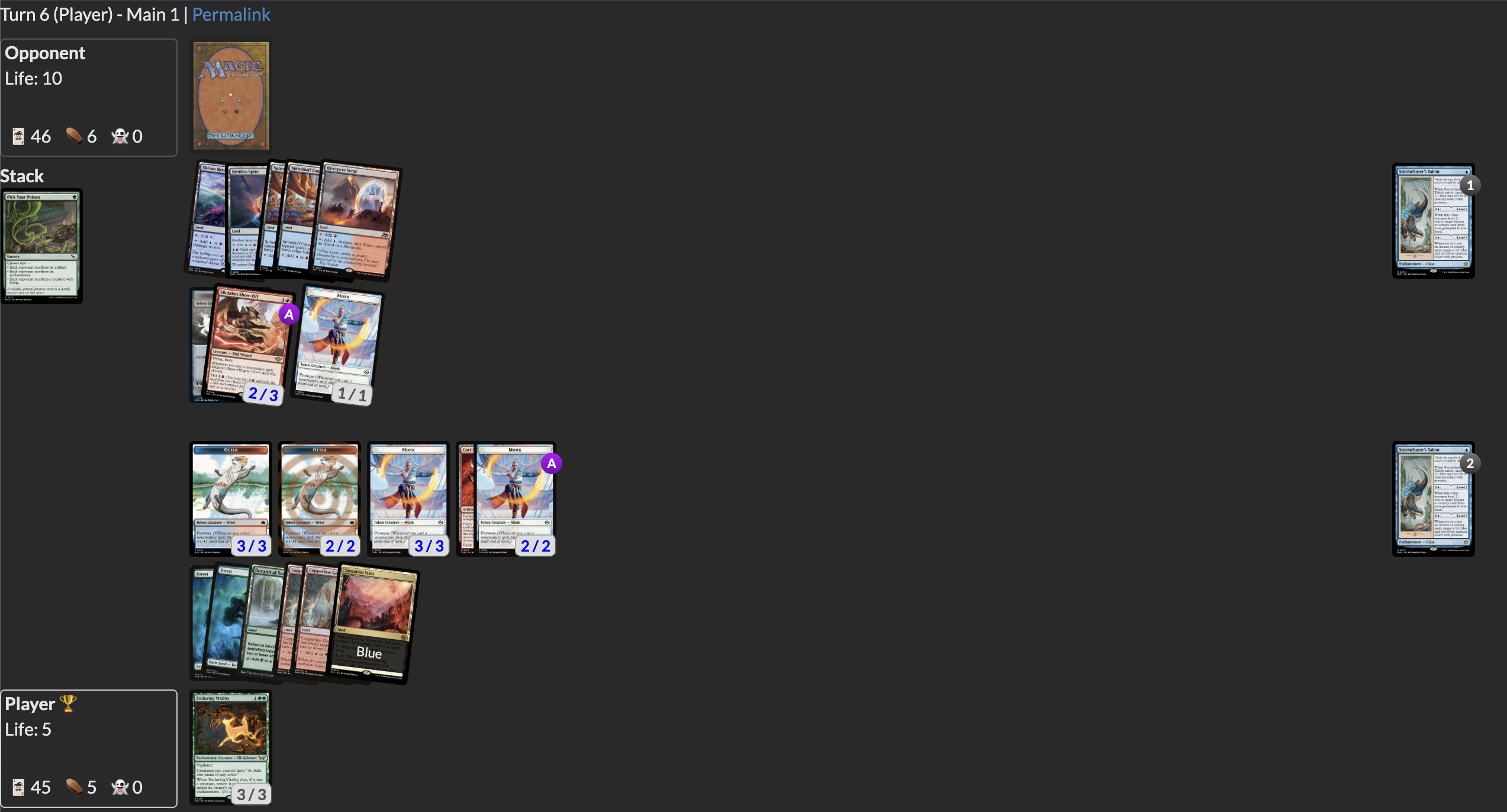 an example of winning the race vs the 'pseudomirror' postboard, killing them on turn 6 while interacting a bunch