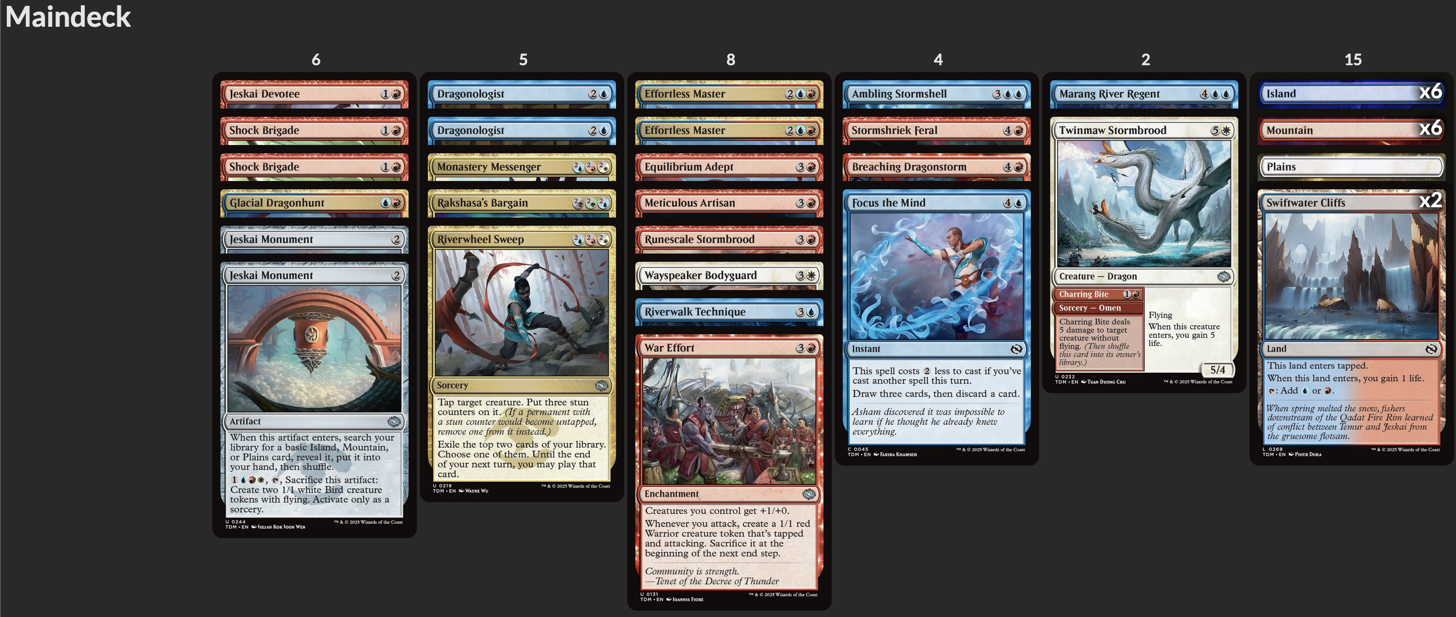 This might not look like a soup deck, but I would say it shares a lot of the same principles: card draw and removal, and mana smoothing from Monuments. It differs in that, since I didn't find as many strong topend cards (partially because of only being three colors), I felt the need to leverage some more aggressive cards like Shock Brigade.